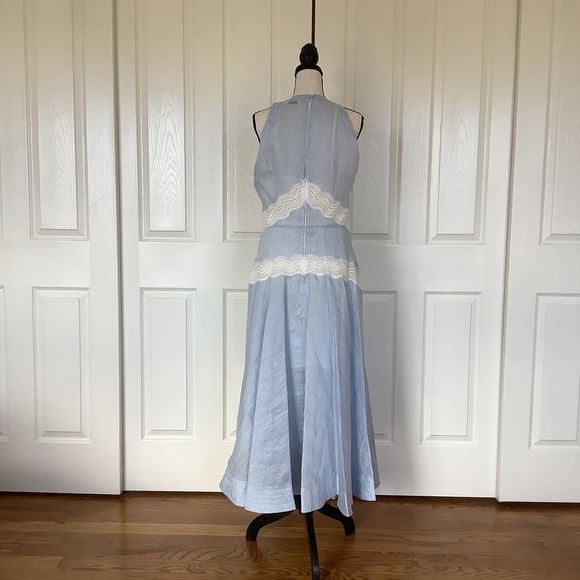 Sandro Nathalie Blue White Pinstripe Linen Lace Midi Dress Size 40 NWT - Picture 3 of 16